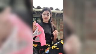 College whore shows off her giant boobies in the park and her cunt