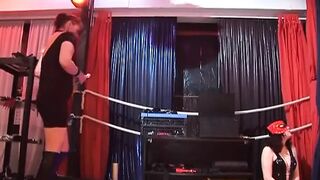 A masked German slut gets tied up and drilled in a threesome